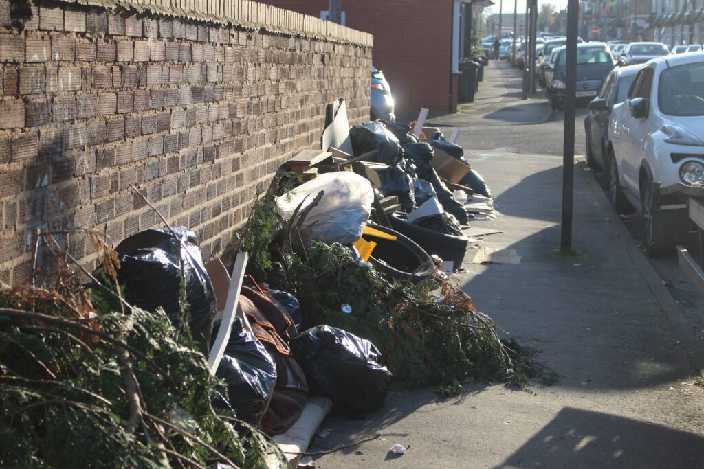 Rubbish bags and garden waste lining a residential street in Alum Rock.