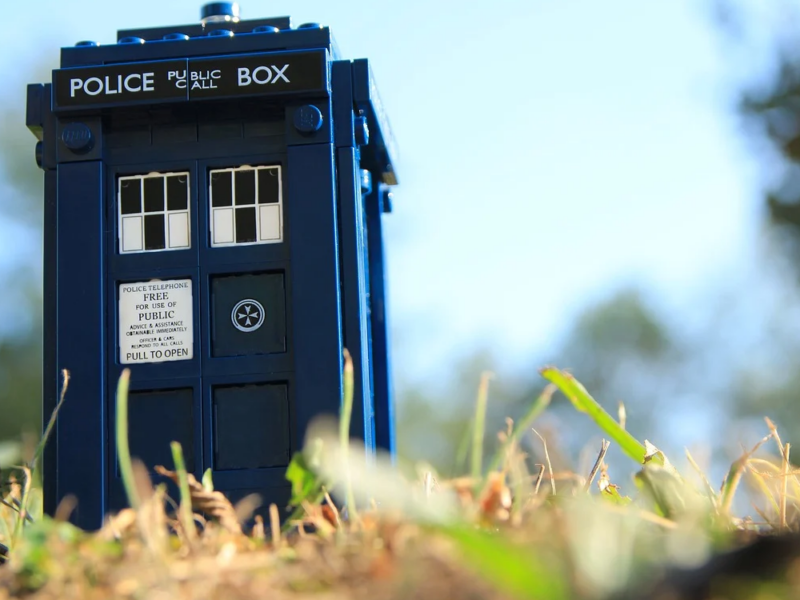 A shot of a model of a TARDIS, for Dr. Who, the birthday's theme