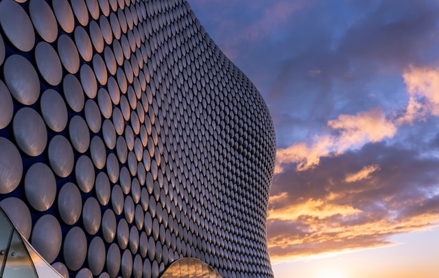 Birmingham's Selfridges building at sunset.